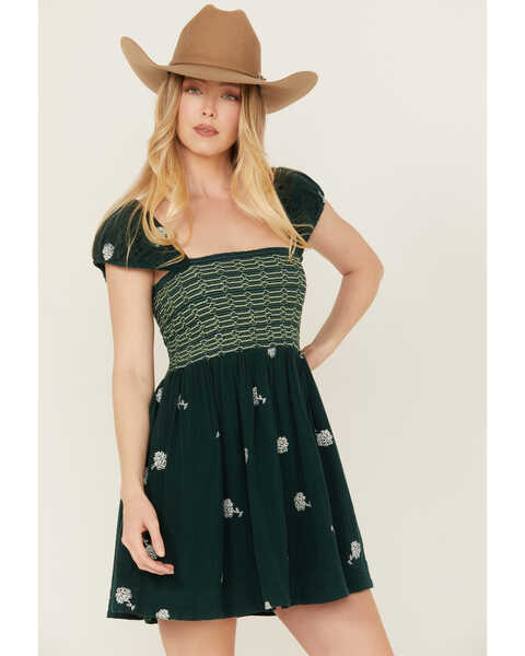 Image #2 - Free People Women's Tory Floral Smocked Dress, Green, hi-res