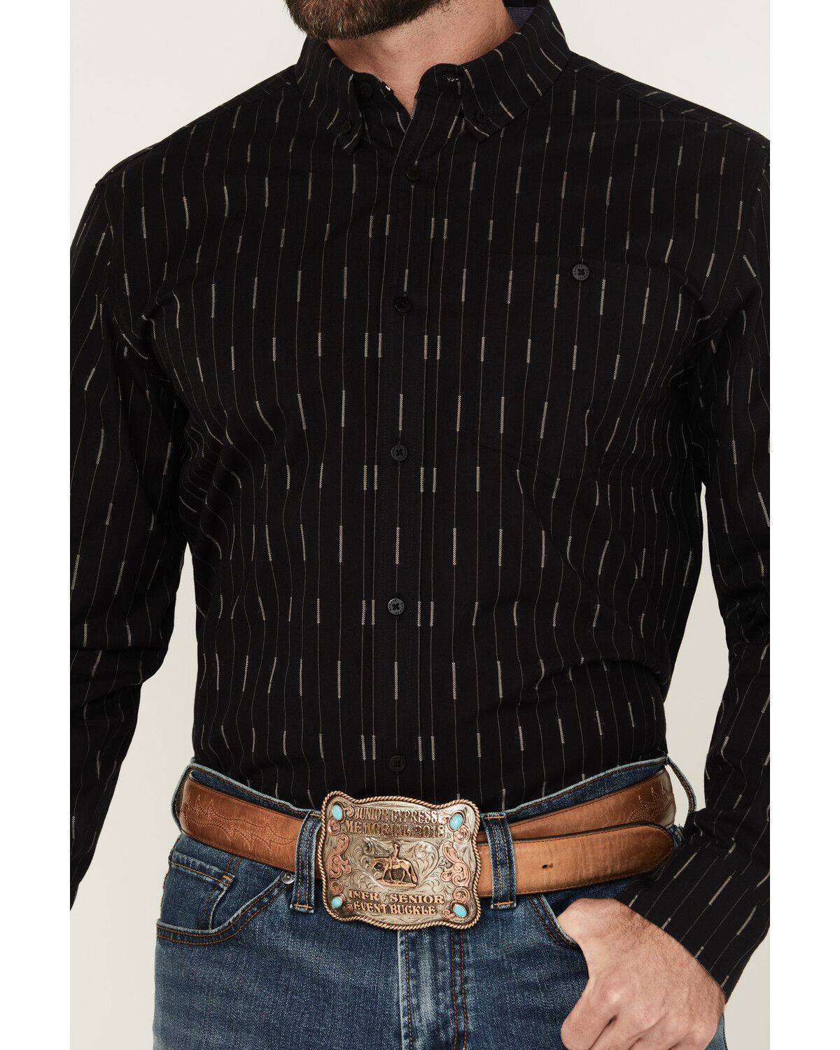 Image #3 - RANK 45® Men's Lotus Abstract Striped Long Sleeve Button-Down Stretch Western Shirt, Black, hi-res