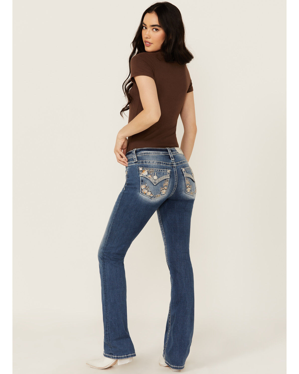 Image #1 - Miss Me Women's Medium Wash Floral Border Pocket Bootcut Stretch Denim Jeans, Medium Wash, hi-res
