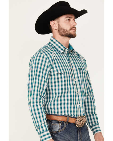 Image #2 - Panhandle Select Men's Plaid Print Long Sleeve Snap Western Shirt, Teal, hi-res