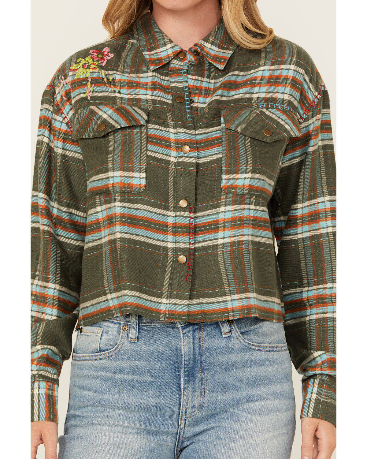 Image #3 - Cleo + Wolf Women's Corrie Plaid Print Embroidered Long Sleeve Snap Cropped Shirt, Dark Green, hi-res