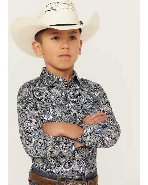Rodeo Clothing Boys' Paisley Print Long Sleeve Snap Western Shirt, Brown, hi-res