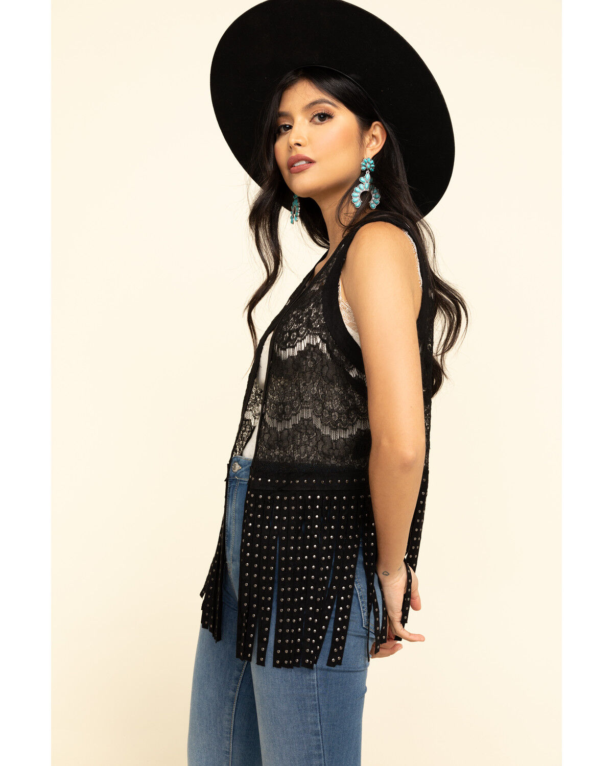 Image #3 - Vocal Women's Lace Studded Fringe Vest, Black, hi-res