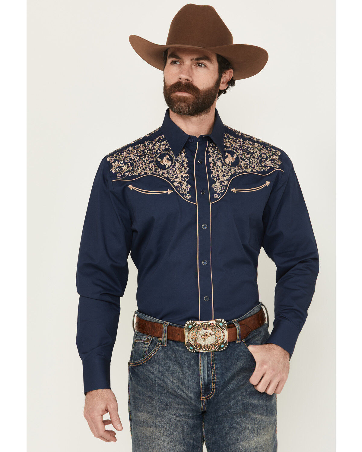 Image #1 - Rodeo Clothing Men's Embroidered Long Sleeve Pearl Snap Western Shirt, Navy, hi-res