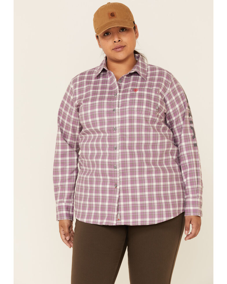 Ariat Women's FR Lavender Plaid Aja Logo Long Sleeve Button-Down Work Shirt - Plus, Lavender, hi-res