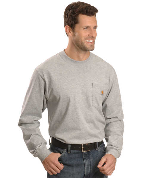 Image #1 - Carhartt Men's Loose Fit Heavyweight Long Sleeve Logo Pocket Work T-Shirt - Big & Tall, Hthr Grey, hi-res