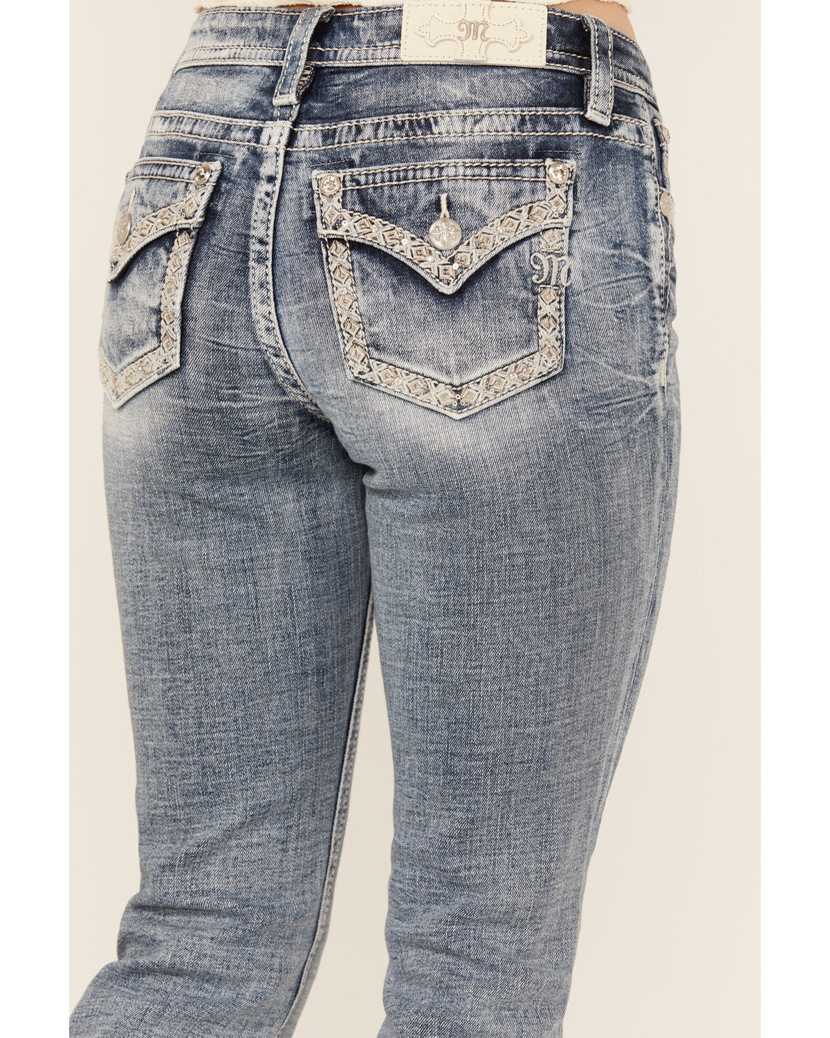 Image #2 - Miss Me Women's Medium Wash Mid Rise 34" Bootcut Stretch Denim Jeans, Medium Wash, hi-res