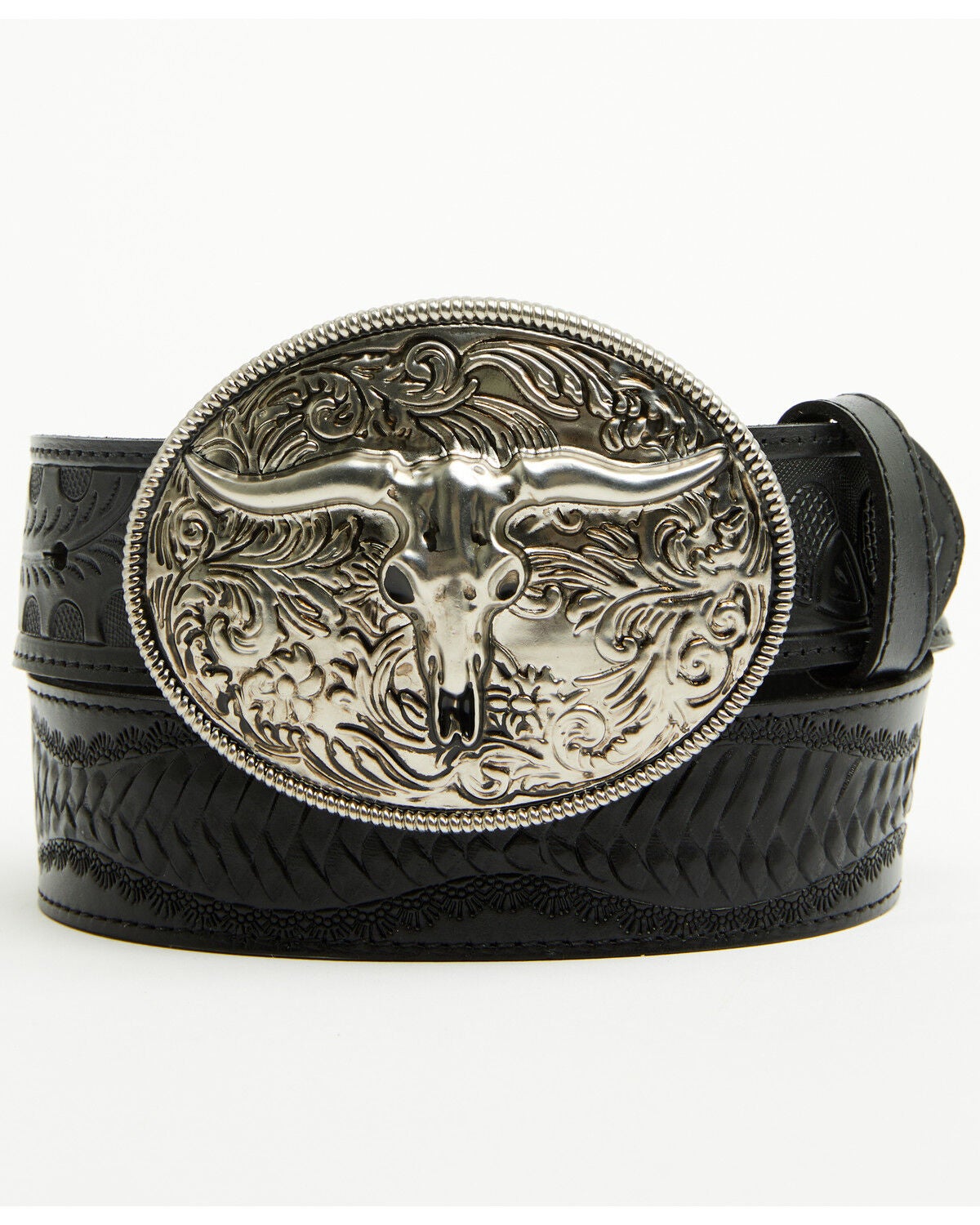 Image #1 - Idyllwind Women's Denver Embossed Leather Steer Head Buckle Belt, Black, hi-res
