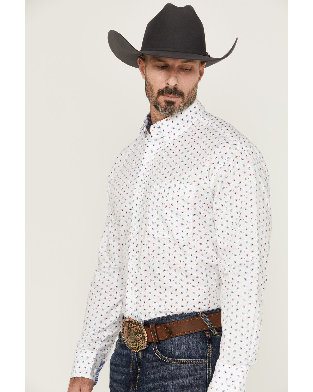 Image #2 - George Strait by Wrangler Men's Paisley Print Long Sleeve Button-Down Stretch Western Shirt, White, hi-res