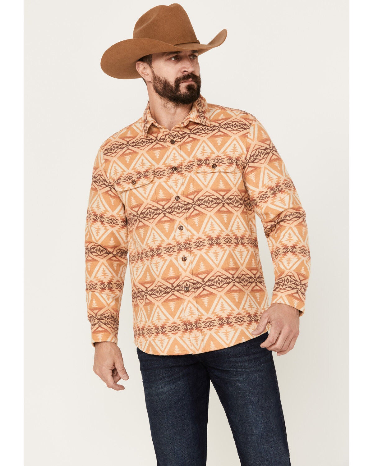 Pendleton Men's Beach Shack Print Long Sleeve Button-Down Western Shirt, Tan, hi-res