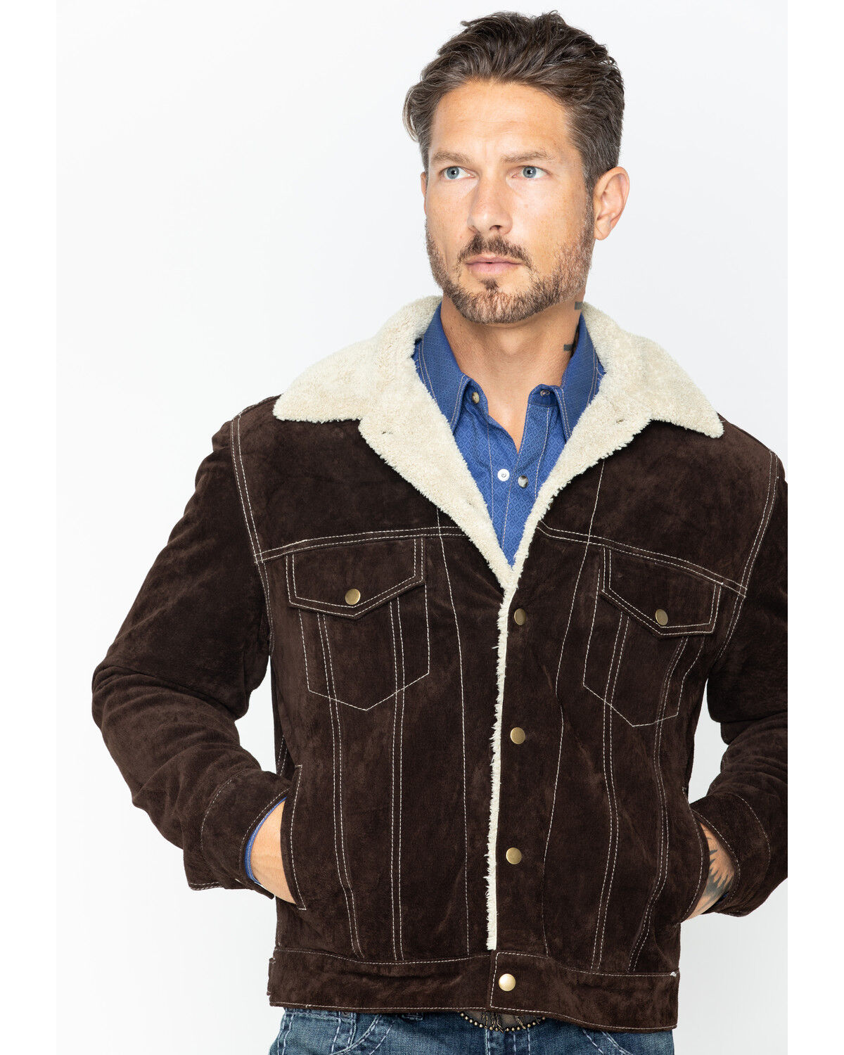 Image #2 - Scully Men's Sherpa Lined Boar Suede Jacket, Chocolate, hi-res