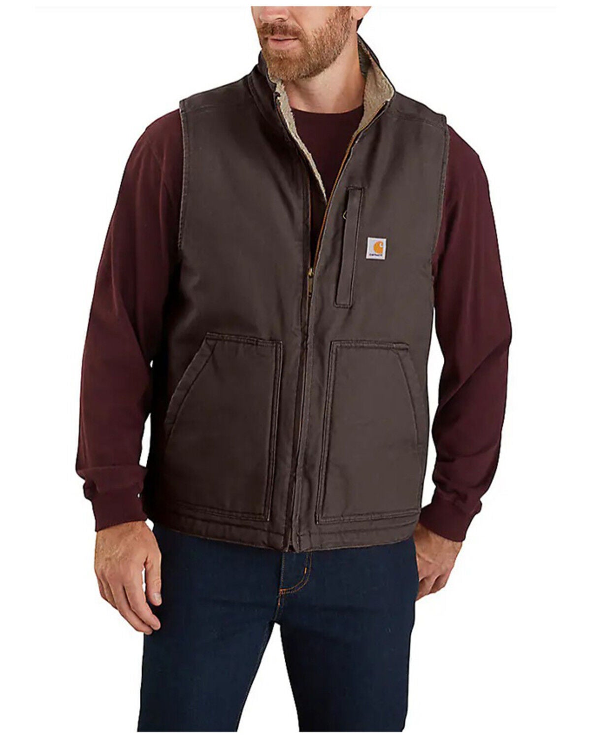 Carhartt Men's Dark Brown Washed Duck Sherpa Lined Mock Neck Work Vest - Tall, Dark Brown, hi-res