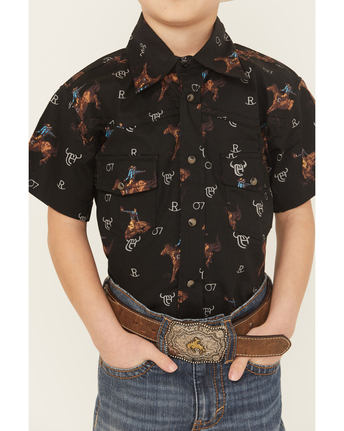 Image #3 - Cowboy Hardware Boys' Bronc Short Sleeve Snap Stretch Western Shirt, Black, hi-res