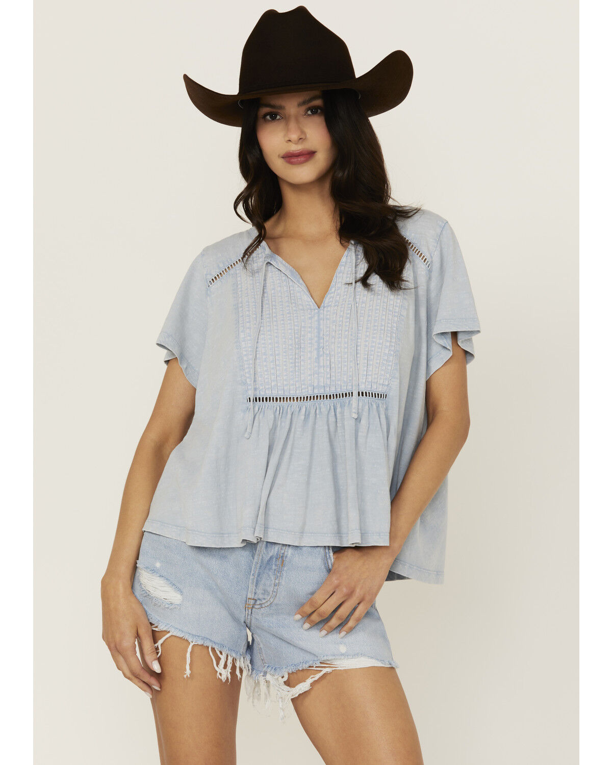 Image #1 - Cleo + Wolf Women's Bella Pintuck Detail Peasant Short Sleeve Blouse, Light Blue, hi-res