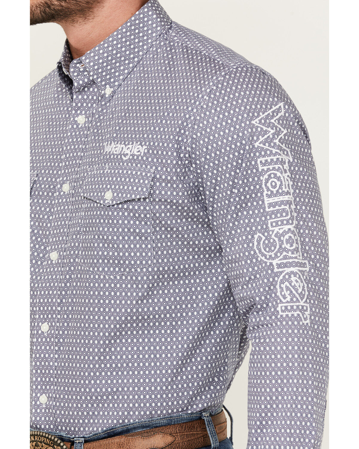 Image #3 - Wrangler Men's Geo Print Logo Long Sleeve Button-Down Western Shirt, Navy, hi-res