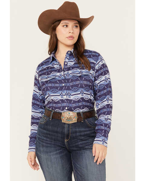 Ariat Women's R.E.A.L. Southwestern Oceanic Print Long Sleeve Western Pearl Snap Shirt - Plus, Blue, hi-res