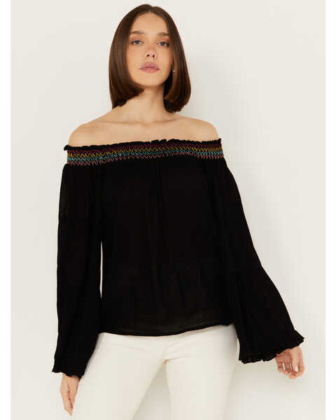 Image #1 - Panhandle Women's Embroidered Off the Shoulder Long Sleeve Top, Black, hi-res