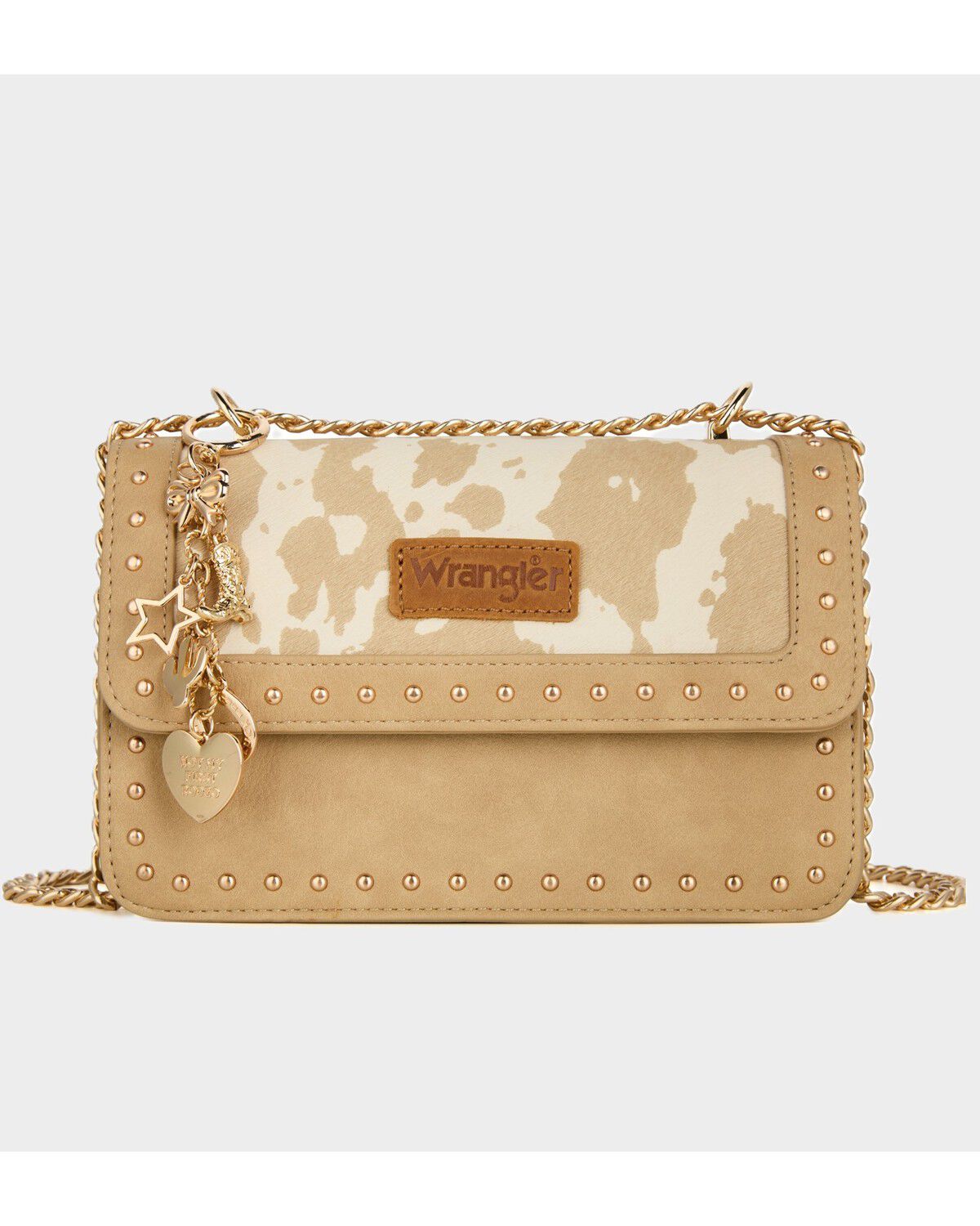 Wrangler X Boot Barn Women's Cow Print Shoulder Bag with Charm, Tan, hi-res