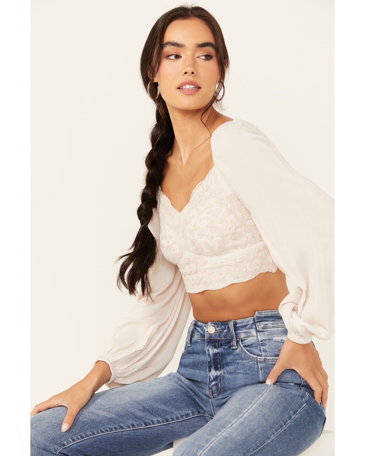 Image #1 - Shyanne Women's Embroidered Mesh Dot Poet Sleeve Crop Top, Sand, hi-res