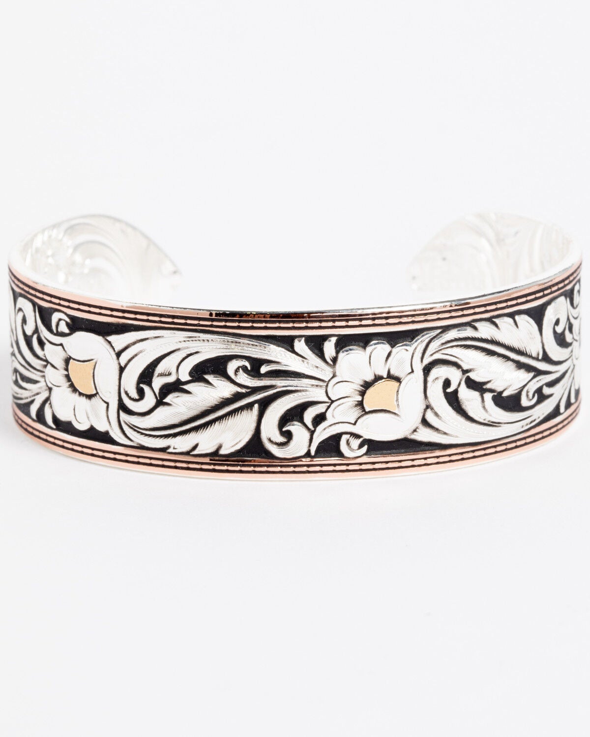 Montana Silversmiths Women's LeatherCut Tri-Colored Floral Cuff Bracelet, Silver, hi-res