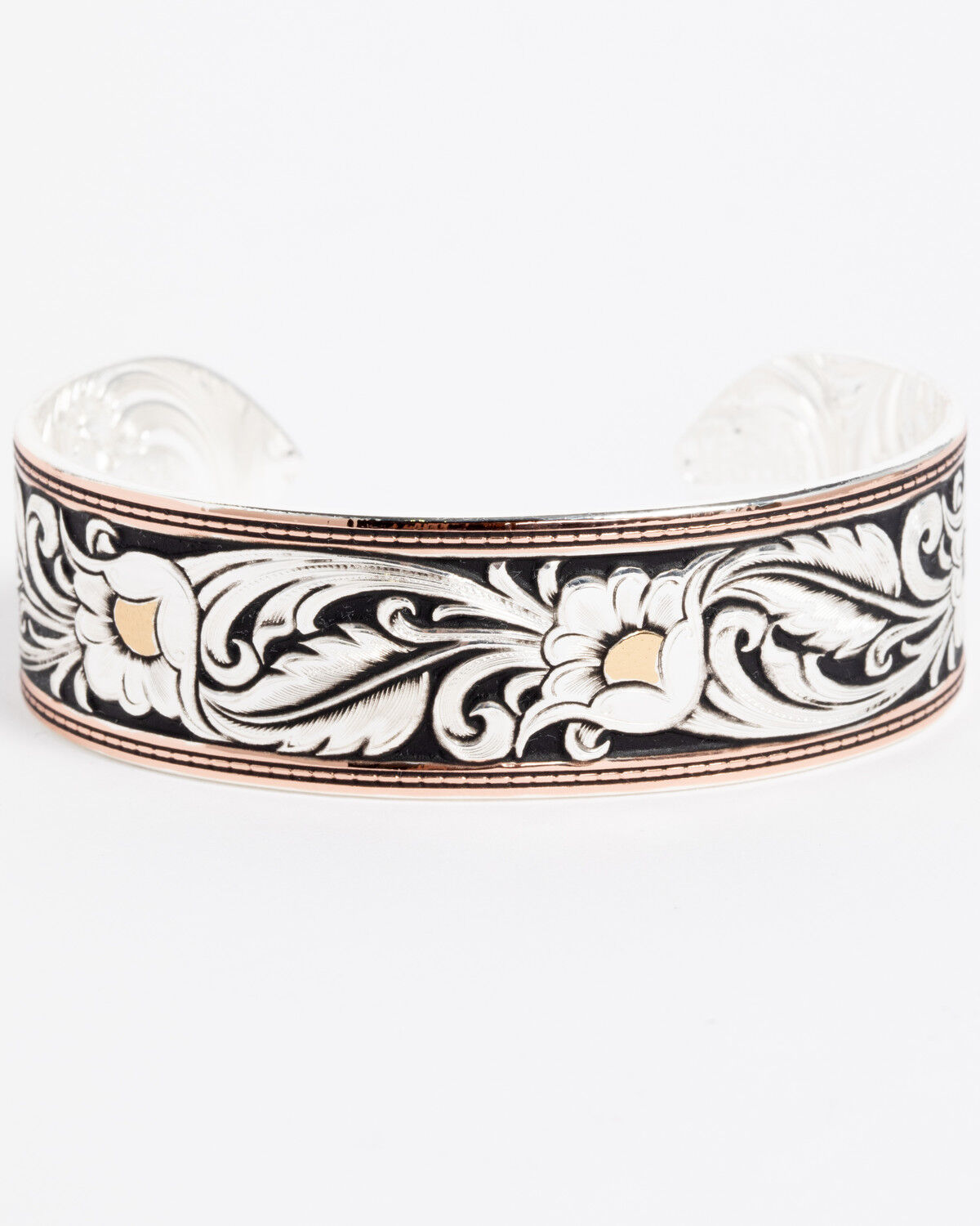 Image #1 - Montana Silversmiths Women's LeatherCut Tri-Colored Floral Cuff Bracelet, Silver, hi-res