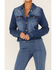 Image #3 - Shyanne Women's Cali Medium Wash Fray Hem Button Down Crop Denim Jacket , Medium Blue, hi-res