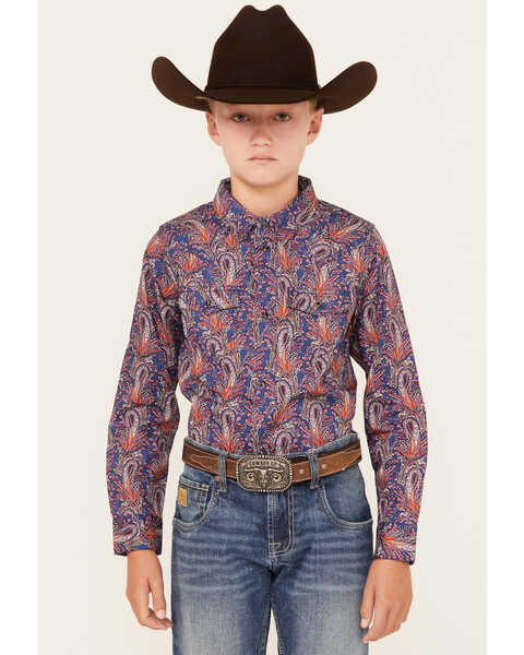 Cody James Boys' Jefferson Printed Long Sleeve Snap Western Shirt , Navy, hi-res