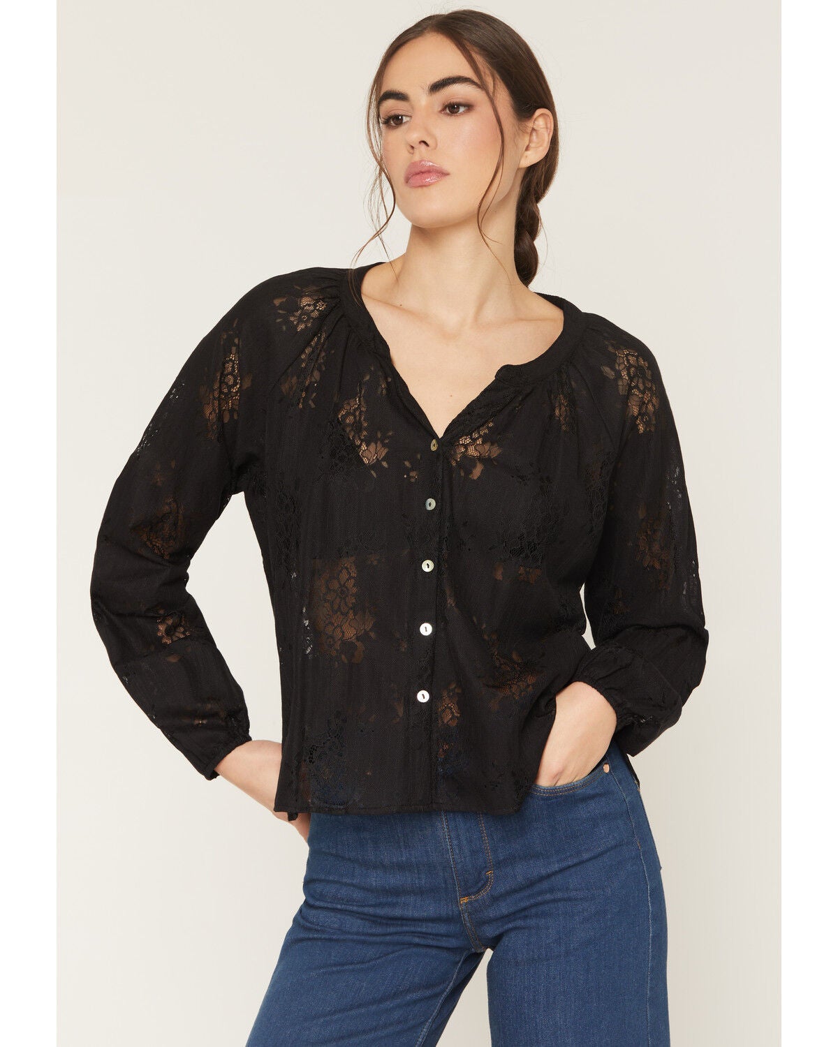 Wild Moss Women's Solid Lace Long Sleeve Button-Down Peasant Top, Black, hi-res