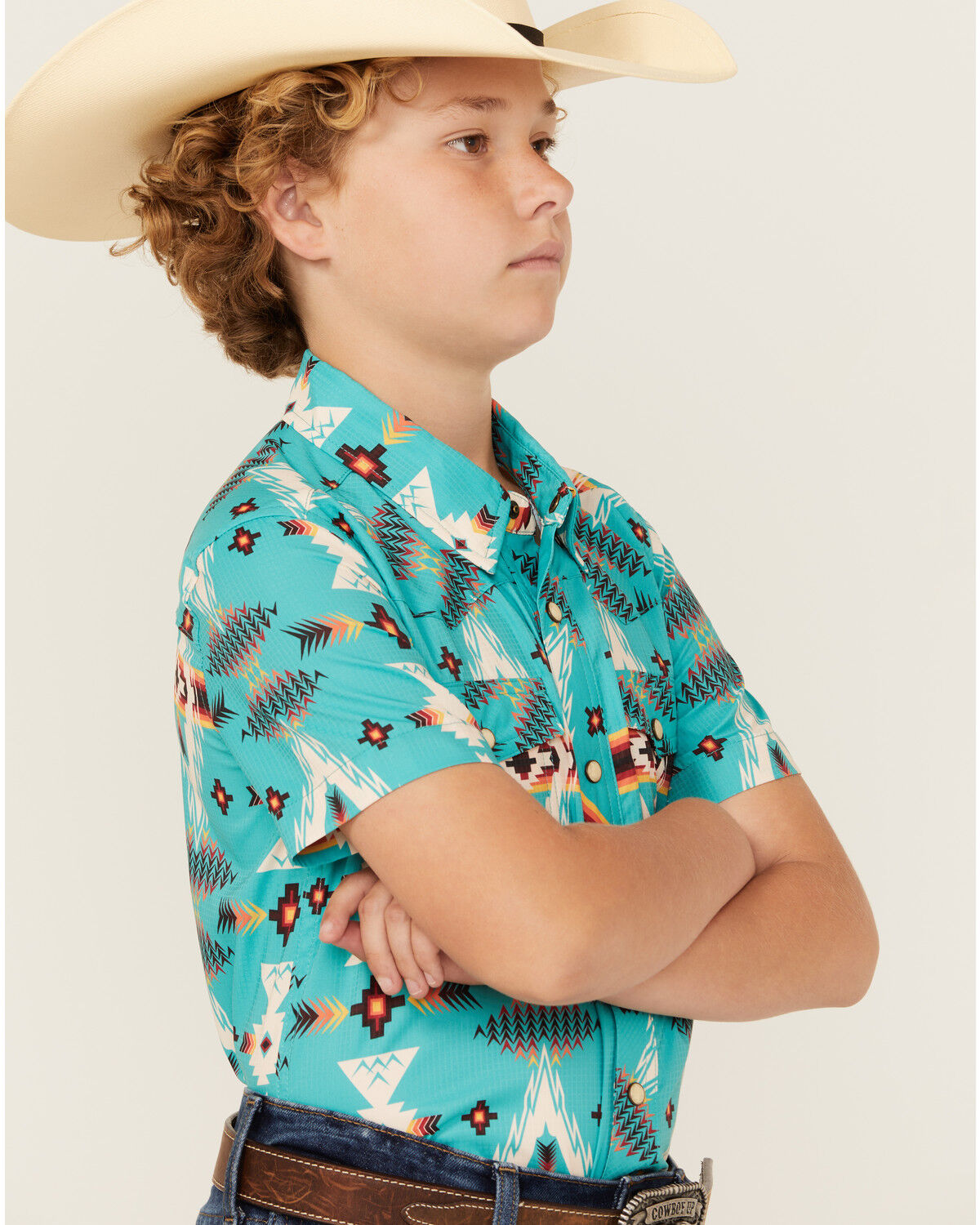 Image #2 - Rock & Roll Denim Boys' Tek Southwestern Print Short Sleeve Snap Western Shirt, Blue, hi-res