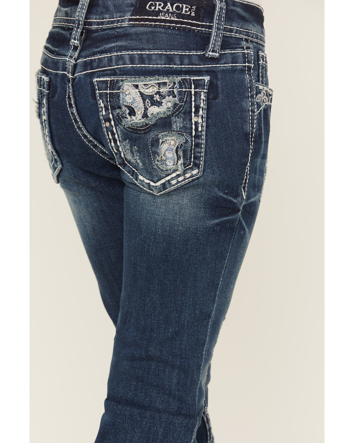 Image #2 - Grace In LA Girls' Paisley Embroidered Medium Wash Bootcut Stretch Denim Jeans, Medium Wash, hi-res