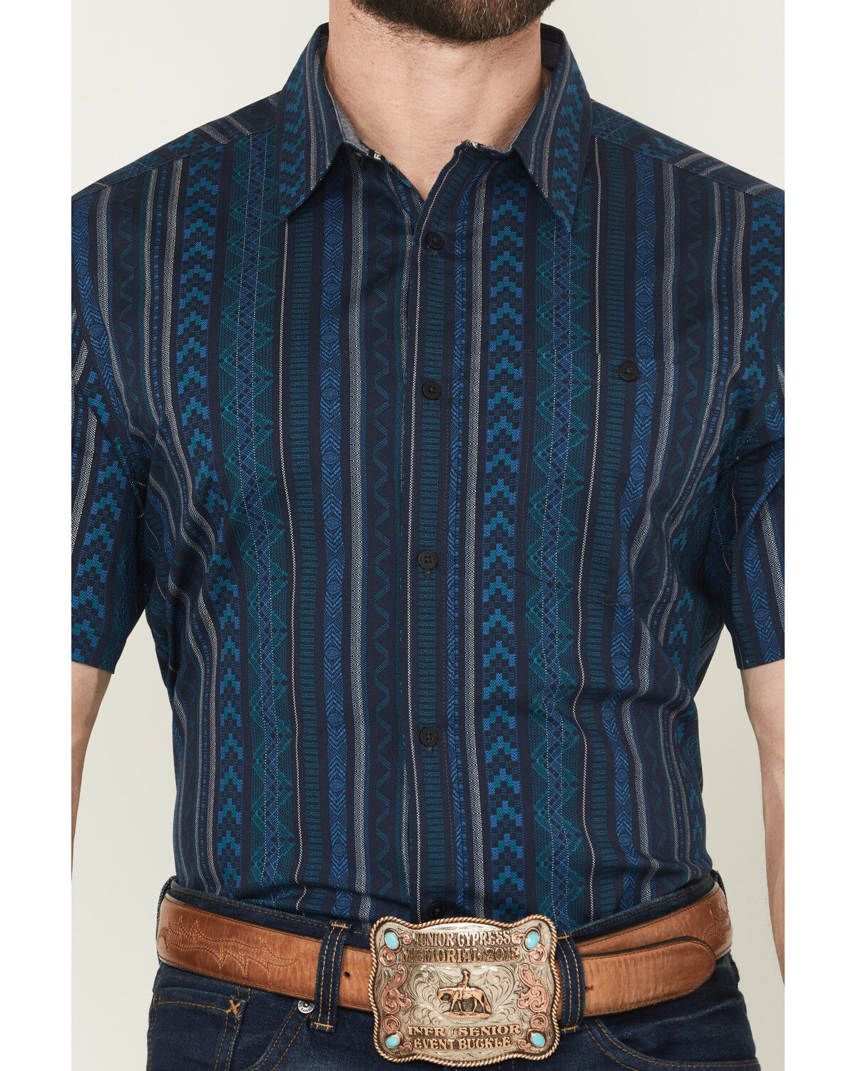 Image #3 - RANK 45® Men's Texas Ranger Striped Print Short Sleeve Button-Down Stretch Western Shirt, Blue, hi-res