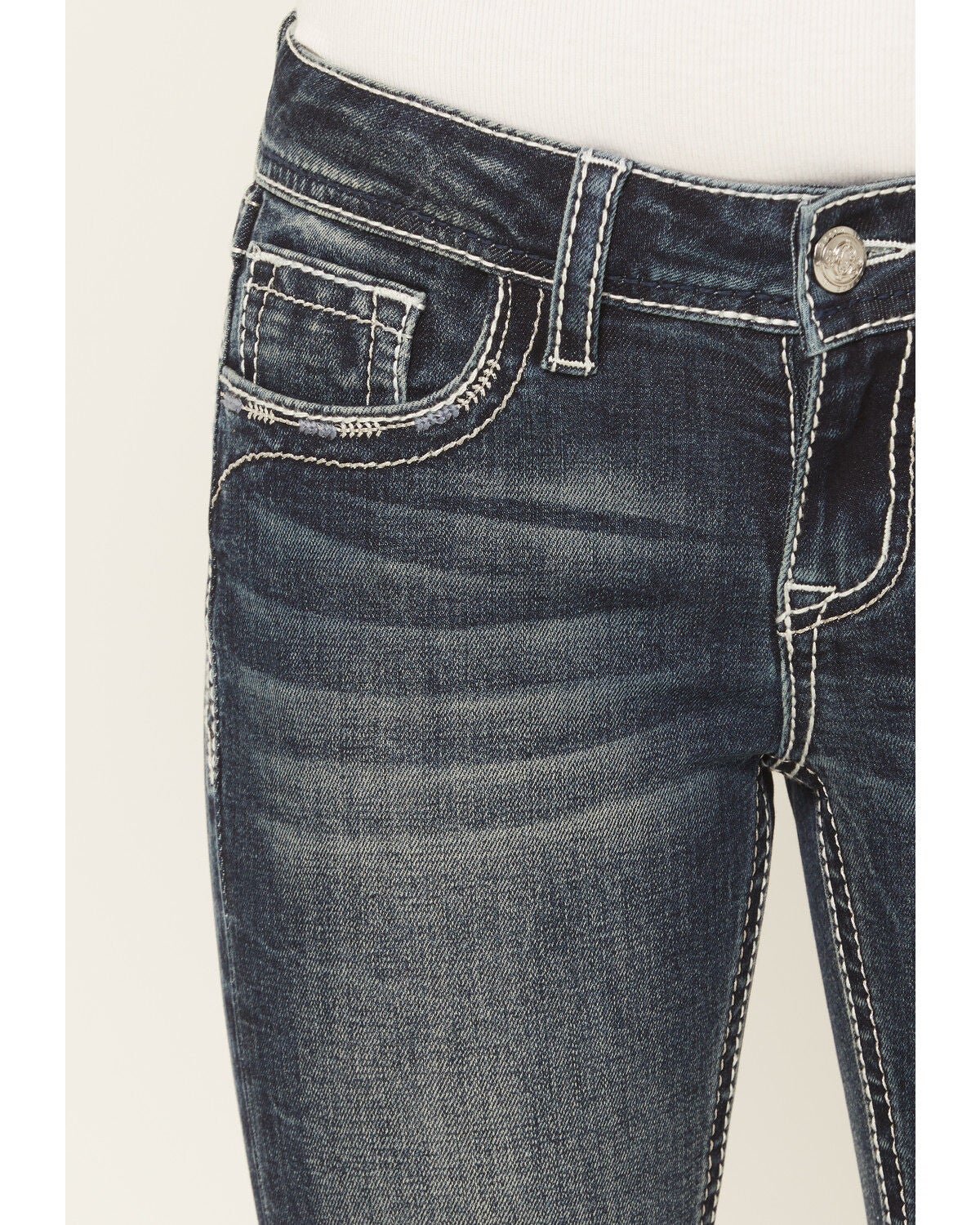 Image #4 - Grace in LA Girls' Dark Wash Floral Pocket Bootcut Stretch Denim Jeans, Dark Wash, hi-res