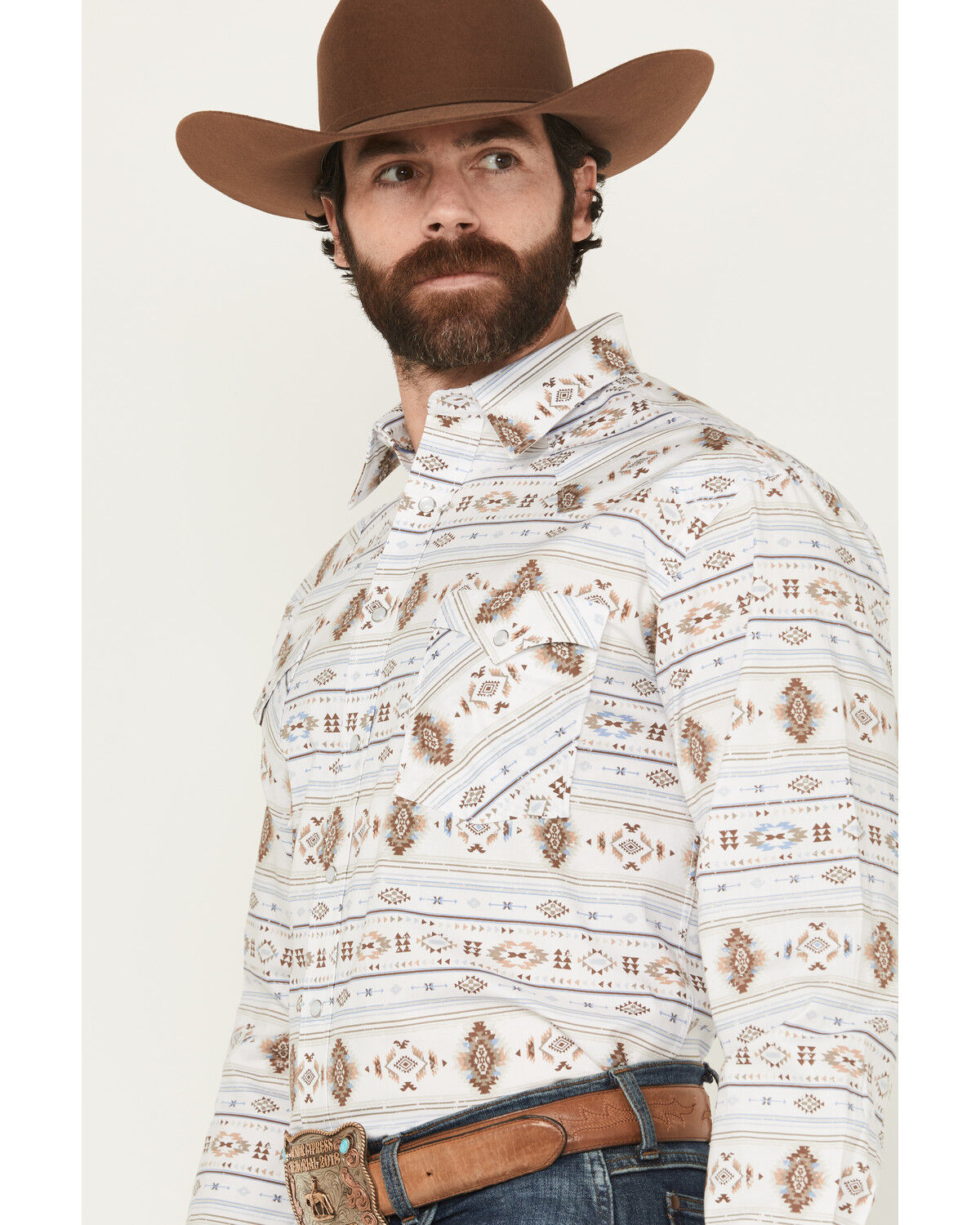 Image #2 - Panhandle Men's Southwestern Striped Long Sleeve Pearl Snap Western Shirt, Taupe, hi-res