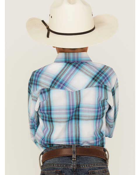 Image #4 - Roper Boys' Plaid Print Long Sleeve Pearl Snap Western Shirt, Blue, hi-res