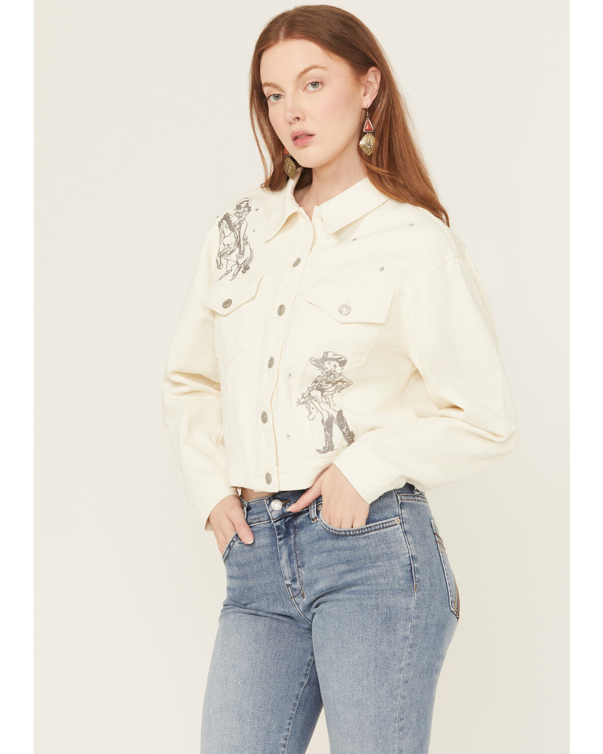 Image #2 - Blue B Women's Cowgirl Embroidered Denim Trucker Jacket, Cream, hi-res