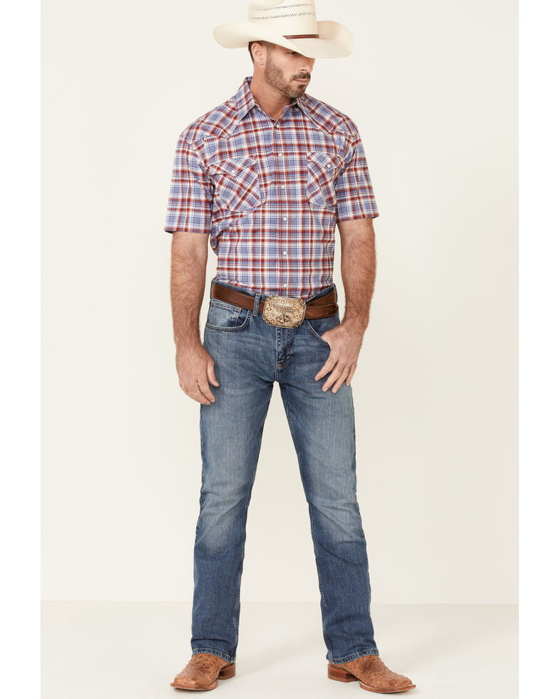 Rough Stock By Panhandle Men's Red Ombre Plaid Short Sleeve Snap Western Shirt , Red, hi-res