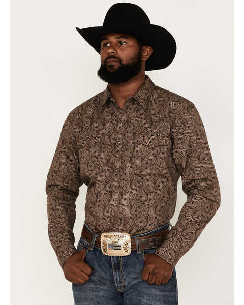 Cody James Men's Linear Paisley Print Long Sleeve Snap Western Shirt, Brown, hi-res