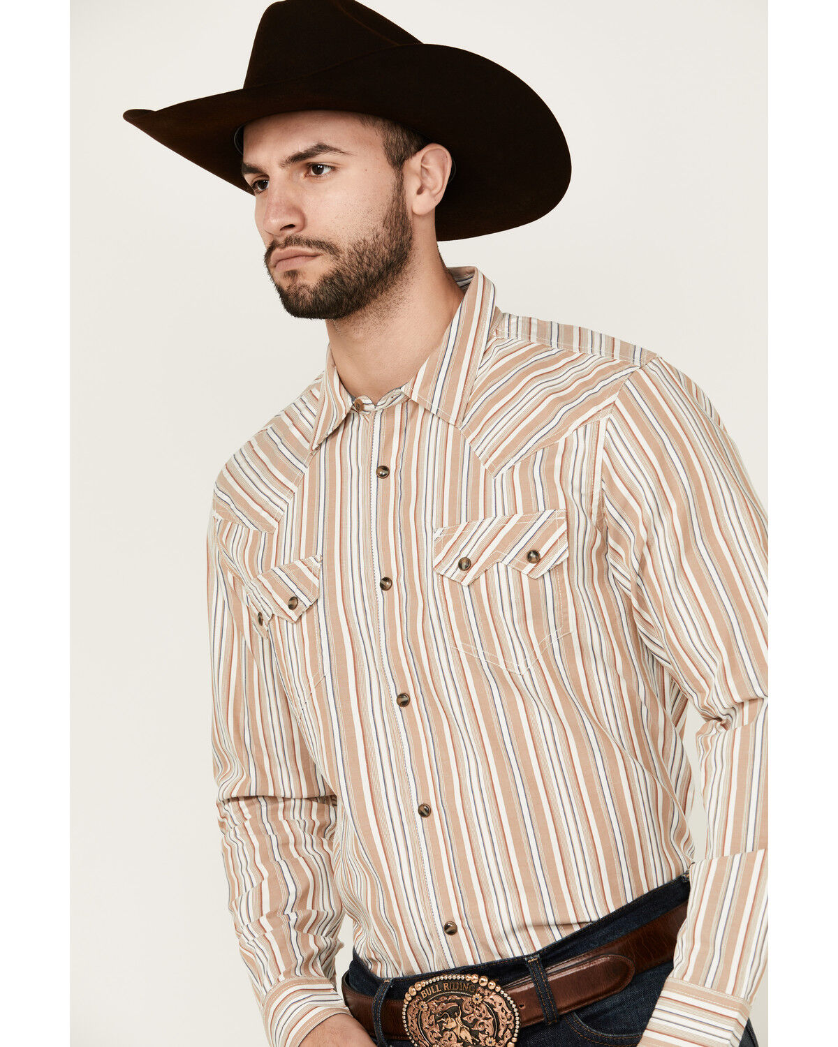 Image #2 - Cody James Men's Tough Guy Dobby Striped Print Long Sleeve Snap Western Shirt, Cream, hi-res