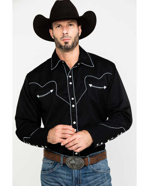 Scully Men's Embroidered Long Sleeve Snap Western Shirt , Black, hi-res