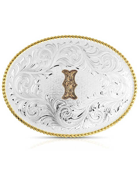 Montana Silversmiths Classic Western Oval Two-Tone Initial Belt Buckle - I, Silver, hi-res