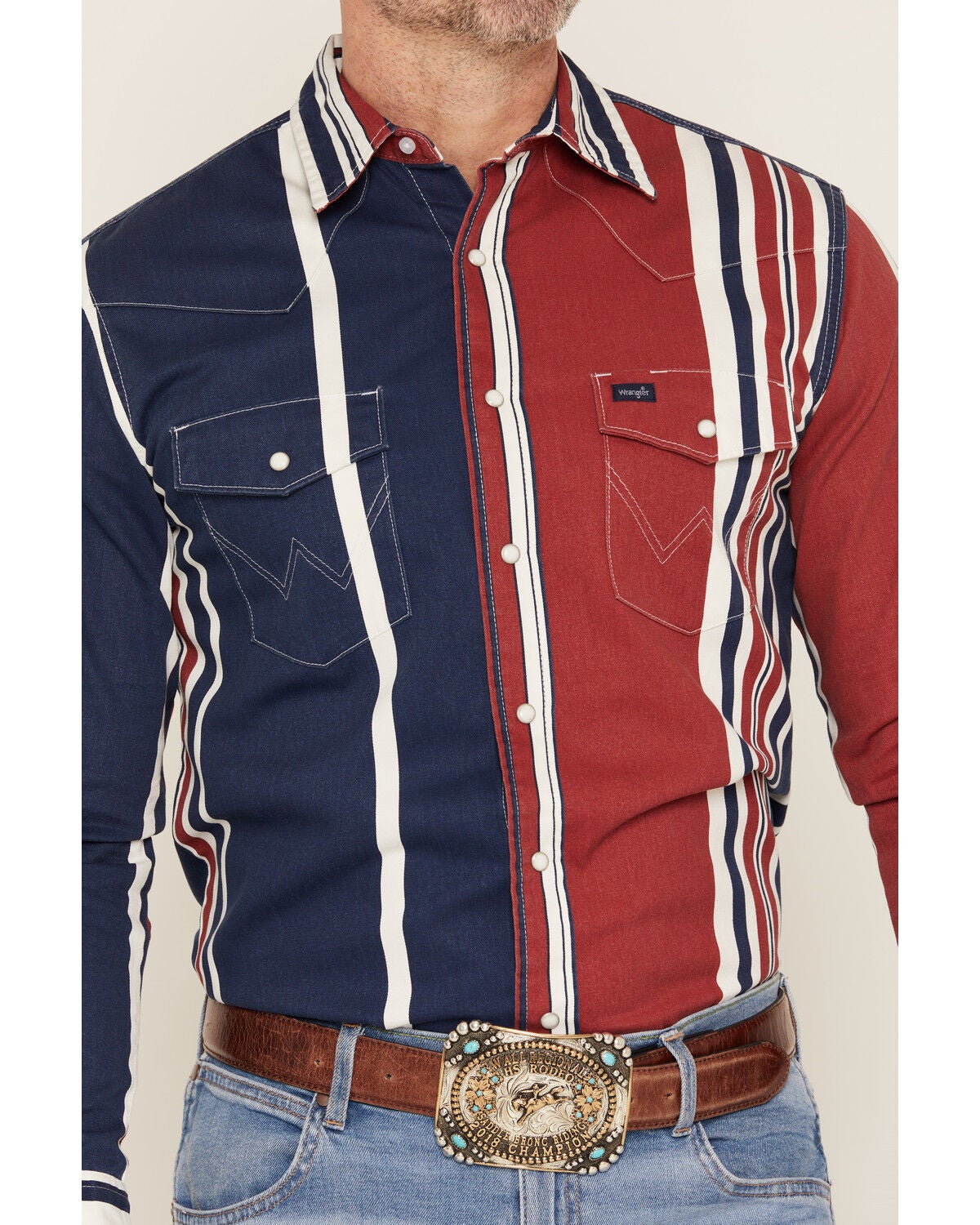Image #3 - Wrangler Men's Vintage Brushpopper Striped Long Sleeve Snap Western Shirt, Blue, hi-res