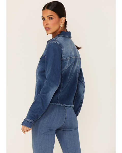 Image #4 - Shyanne Women's Cali Medium Wash Fray Hem Button Down Crop Denim Jacket , Medium Blue, hi-res