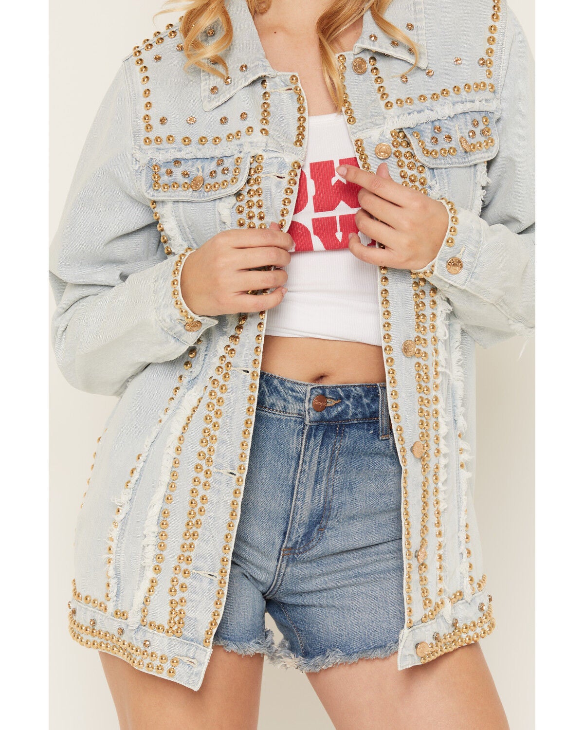 Image #3 - Azalea Wang Women's Light Wash Studded Button-Down Denim Jacket, Light Wash, hi-res
