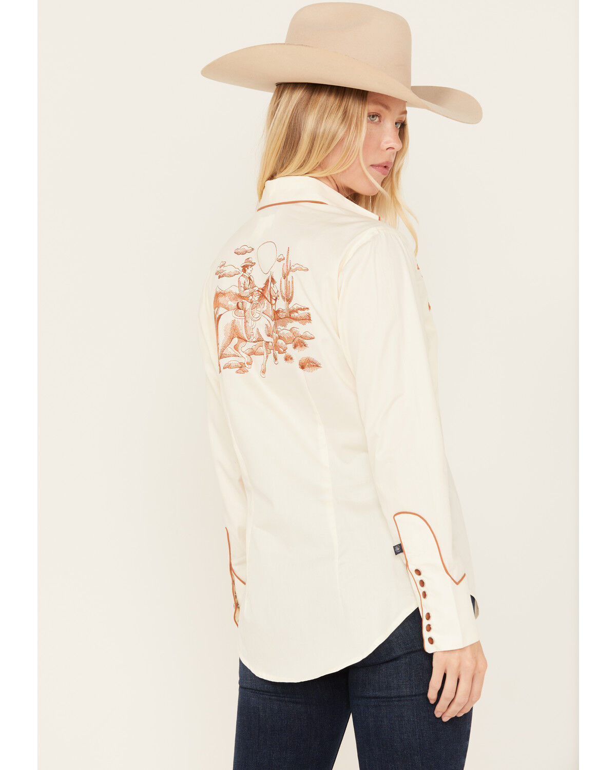 Image #4 - Rockmount Ranchwear Women's Embroidered Scenic Long Sleeve Pearl Snap Western Shirt, Ivory, hi-res