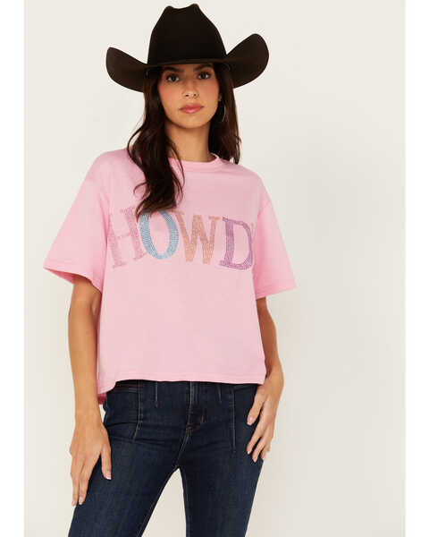 Image #1 - Mainstrip Women's Howdy Rhinestone Short Sleeve Cropped Graphic Tee, Pink, hi-res