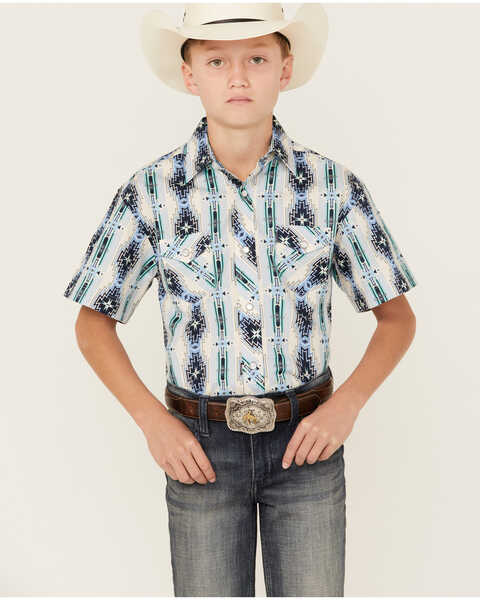 Panhandle Boys' Southwestern Striped Print Short Sleeve Pearl Snap Western Shirt , Blue, hi-res