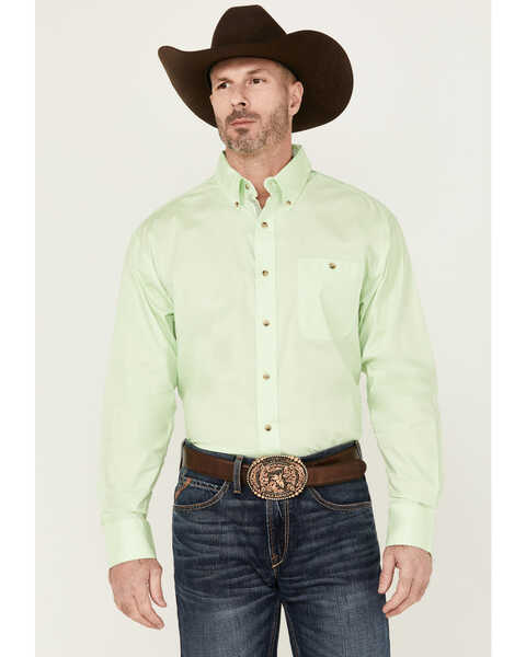 George Strait by Wrangler Men's Solid Long Sleeve Button-Down Stretch Western Shirt - Big , Light Green, hi-res
