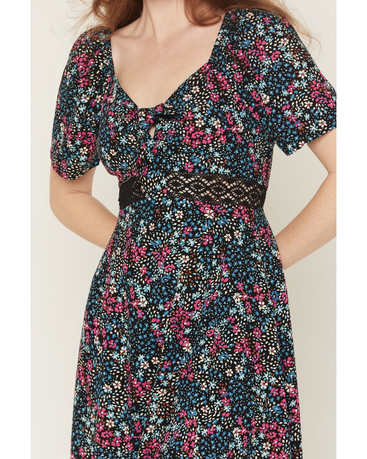 Image #5 - Idyllwind Women's Dudley Floral Print Short Sleeve Tie-Front Midi Dress, Black, hi-res