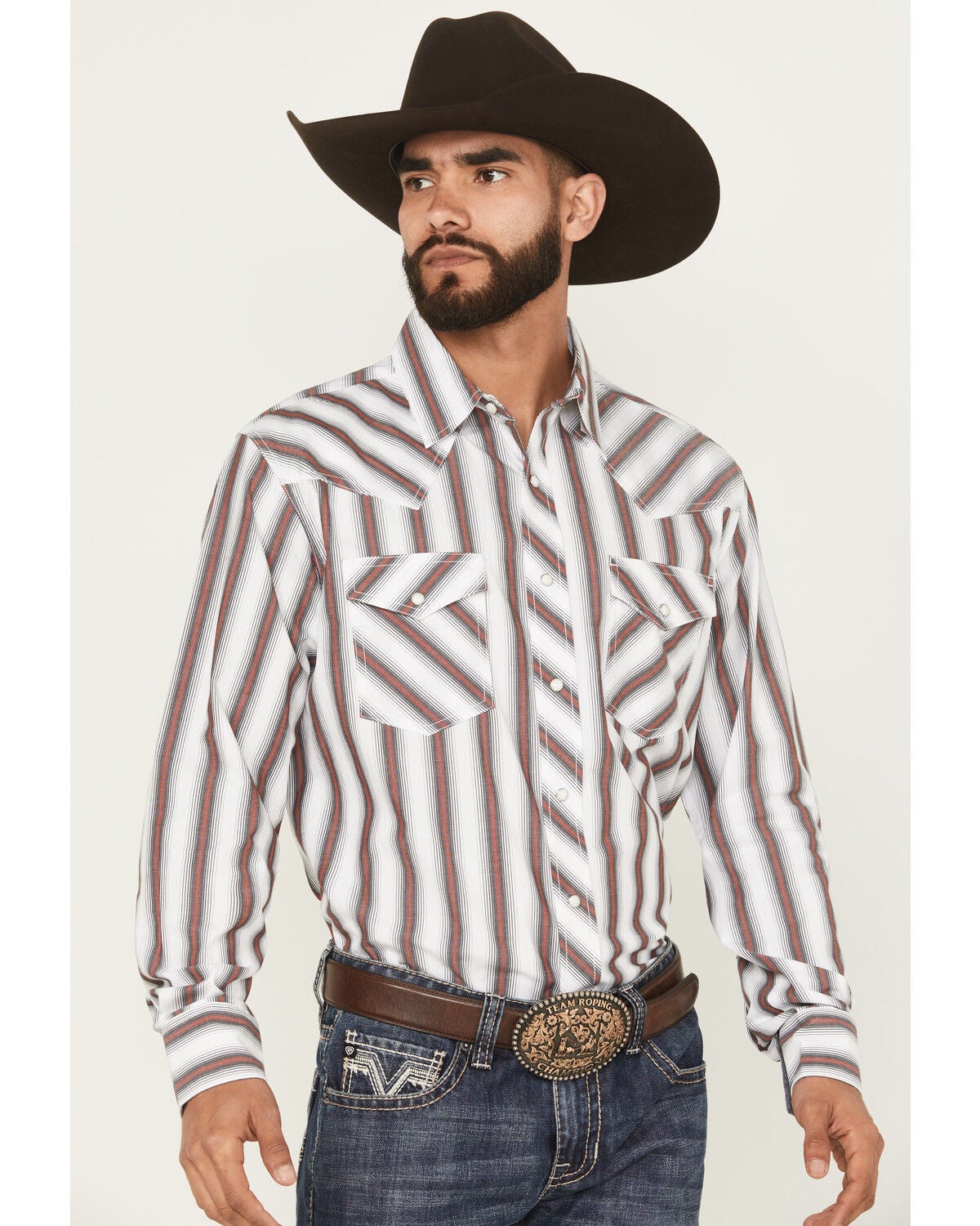 Image #2 - Wrangler 20X Men's Striped Print Long Sleeve Snap Stretch Western Shirt, White, hi-res