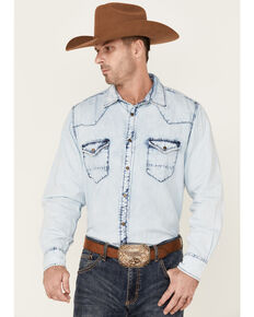 Ryan Michael Men's Vintage Light Denim Long Sleeve Snap Western Shirt , Light Blue, hi-res